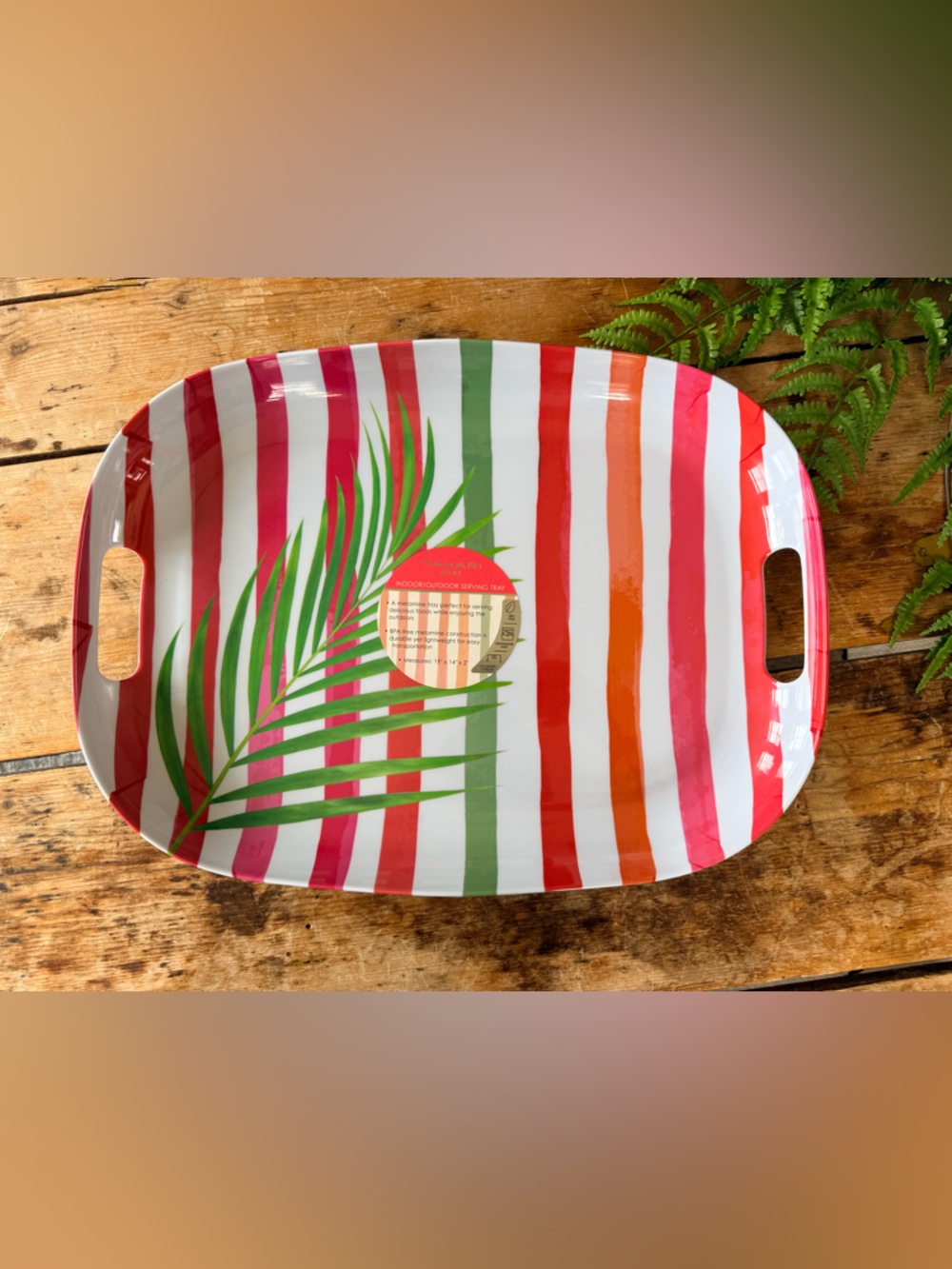 Tahari Pink Red Green Striped Palm Melamine Serving Tray